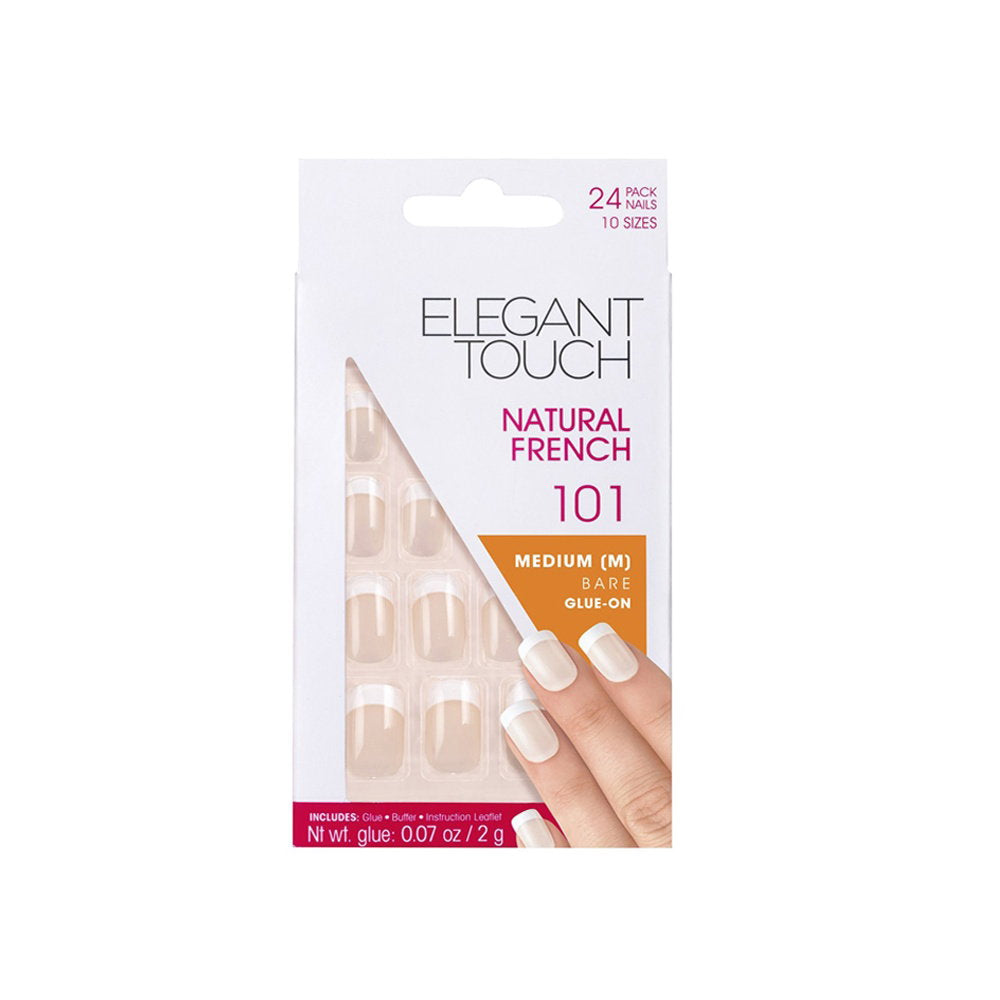 Elegant Touch Setzen, Elegant Touch, Natural French, Quadrat, Künstliche Nägel, Nackt, 101, Größe Medium, 24 stk Regular