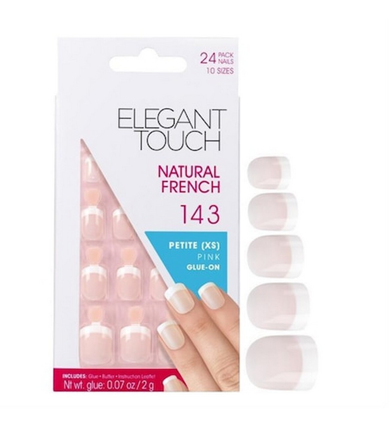 Elegant Touch Setzen, Elegant Touch, Natural French, Quadrat, Künstliche Nägel, Rosa, 143, Klein (XS), 24 stk Regular