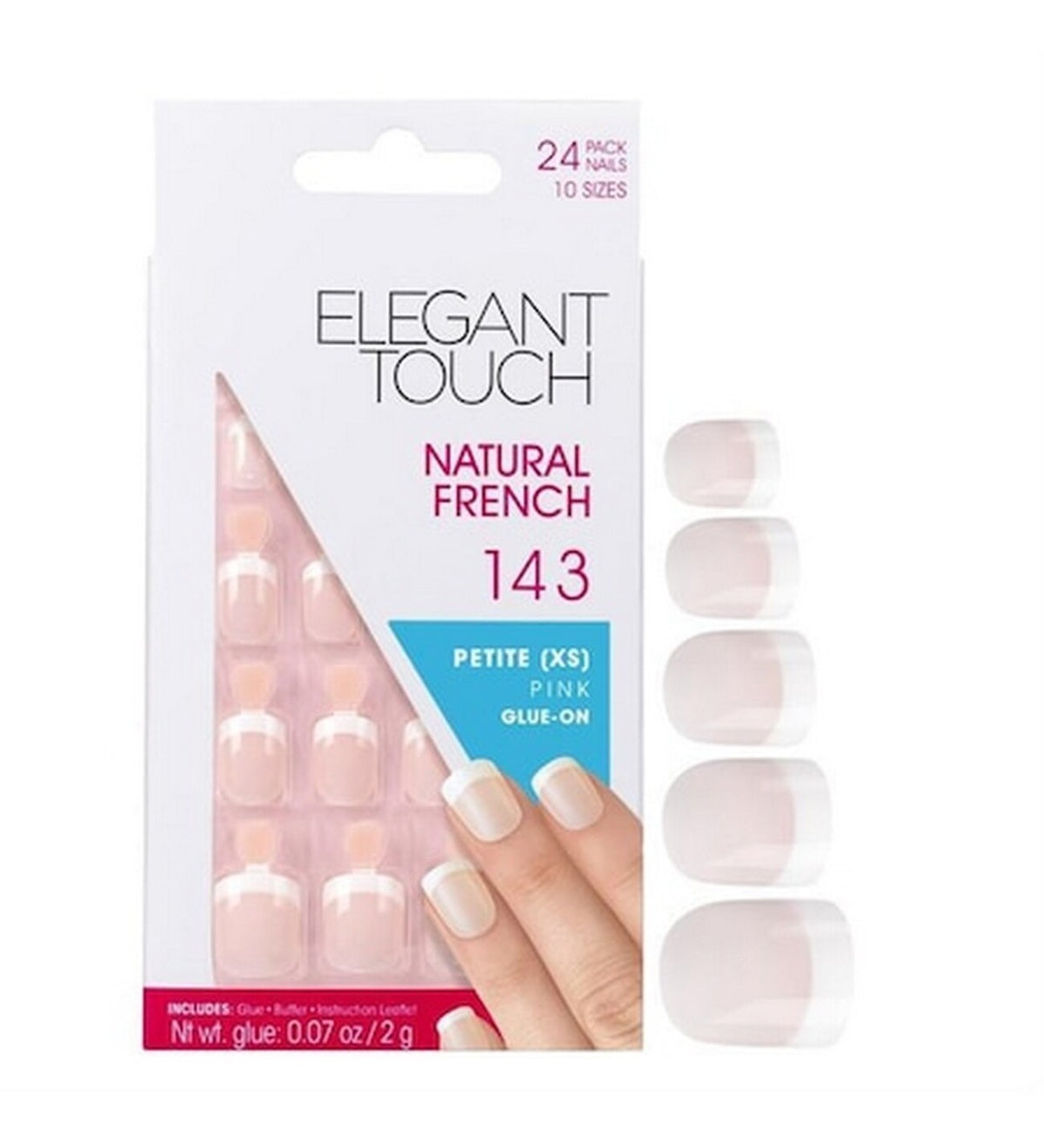 Setzen, Elegant Touch, Natural French, Quadrat, Künstliche Nägel, Rosa, 143, Klein (XS), 24 stk