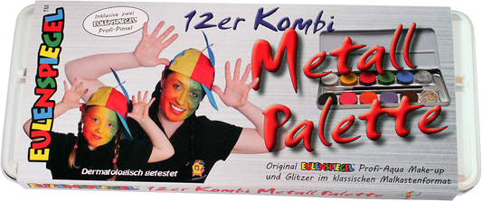 Eulenspiegel Aqua Schminke Palette mit 10 Farben, 2 Glitzern und zwei professionellen Pinseln im Metallgehäuse