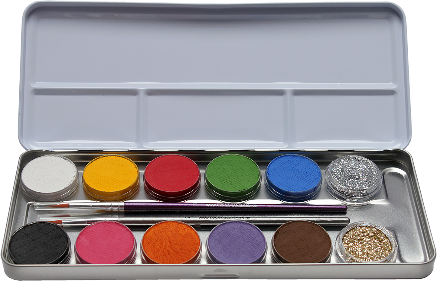 Eulenspiegel Aqua Schminke Palette mit 10 Farben, Silber- und Goldglitzer sowie zwei Pinseln in Metallbox