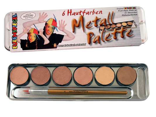 Eulenspiegel Aqua Schminke Metallpalette mit 6 Hauttönen und Profi-Pinsel – Produktansicht