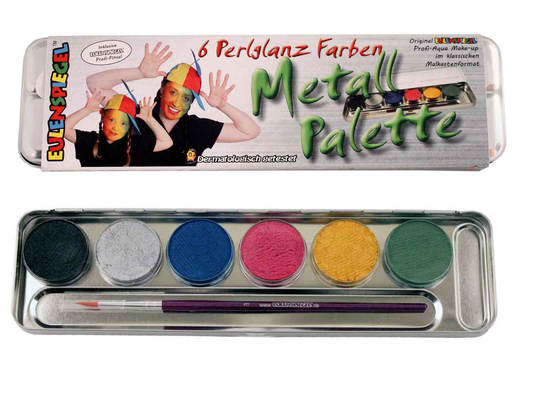 Eulenspiegel Perlglanz Schmink Palette – 6 Farben mit Profi Pinsel – Produktansicht