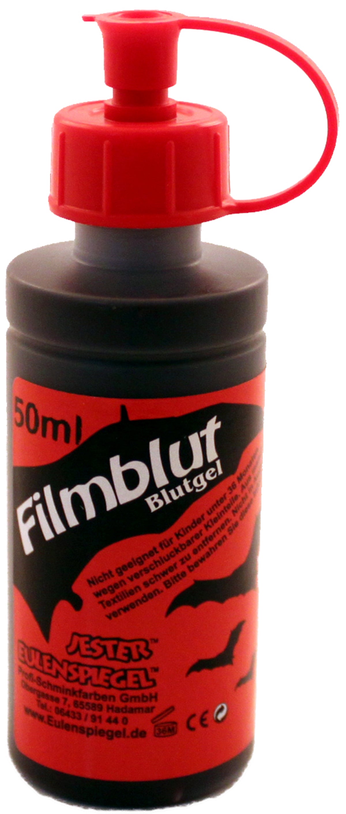 50ml bottle of Eulenspiegel Filmblut Hell fake blood gel with red flip-top cap.