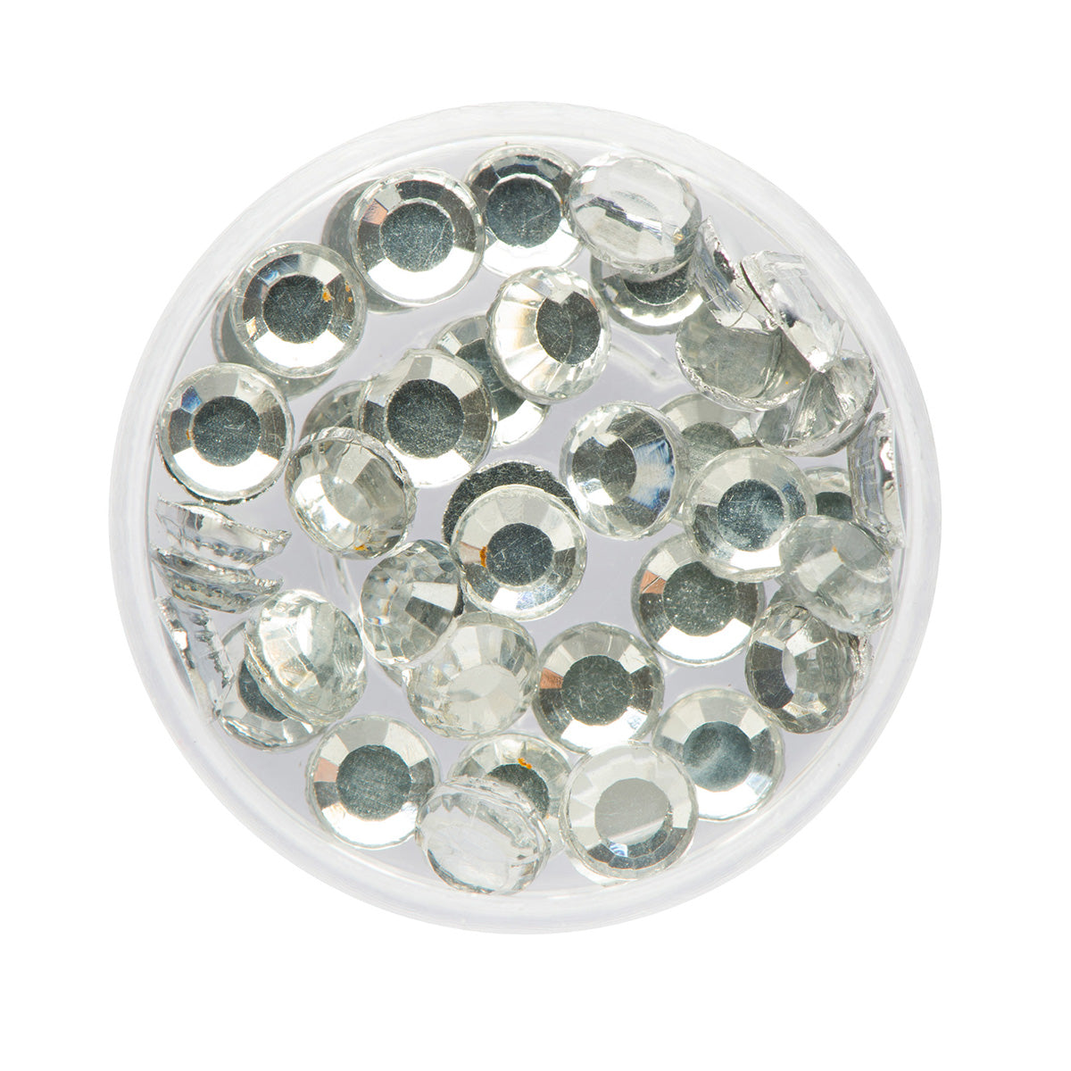 Clear plastic container filled with brilliant white 4mm crystal rhinestones.