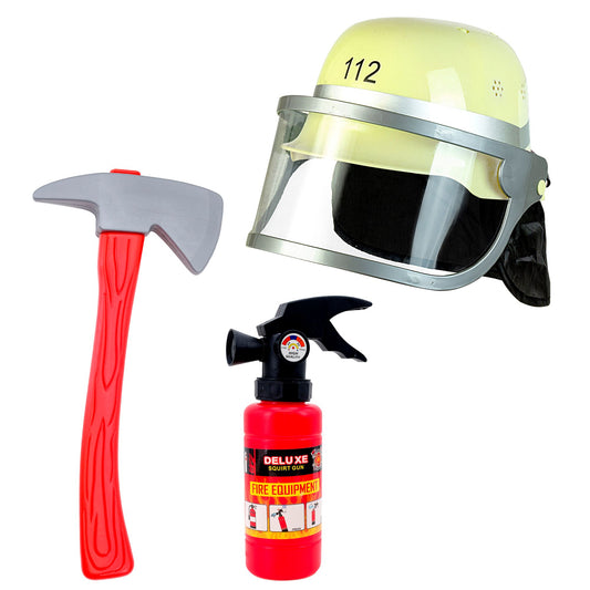 "FEUERWEHRMANN SET" (Helm, Axt, Feuerlöscher) – Vorderansicht