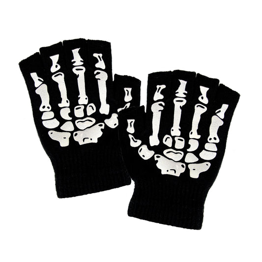 "FINGERLOSE HANDSCHUHE MIT SKELETTAUFDRUCK" aus Wolle – Vorderansicht