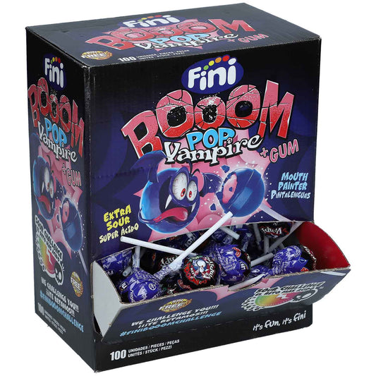 Fini Booom Pop Vampire Lolli mit Kaugummi Blaubeergeschmack 100 Stück - Fasnacht24.ch – Produktansicht