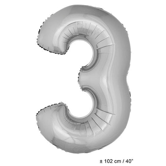 FunnyFashion Folienballon Zahl 3 Silber 102cm Partydeko - Fasnacht24.ch