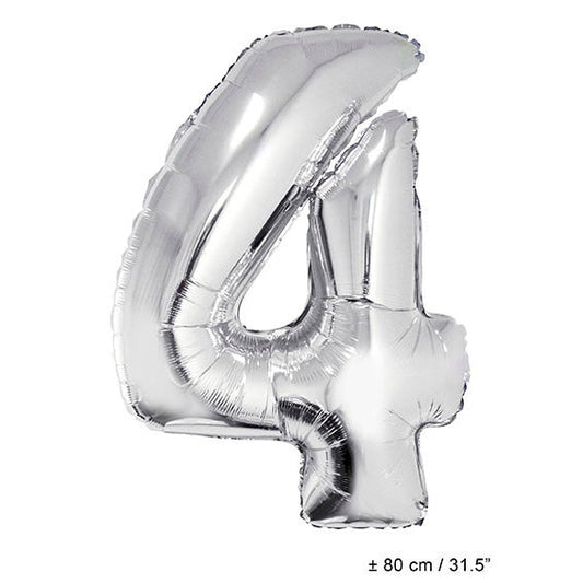 FunnyFashion Folienballon Zahl 4 Silber 80cm Metallic Finish - Fasnacht24.ch