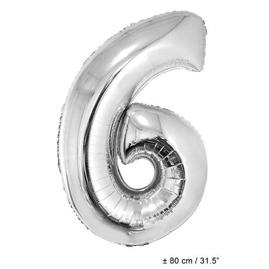 FunnyFashion Folienballon Zahl 6 Silber 80cm Partydeko