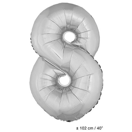 Silberner Zahlen Folienballon 8 – FunnyFashion 102cm Jumbo Grösse - Fasnacht24.ch