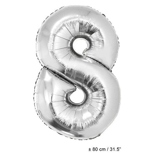 FunnyFashion Folienballon Zahl 8 Silber 80cm Partydekoration