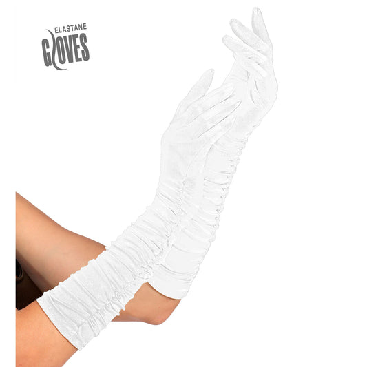 "GERAFFTE WEISSE LANGE HANDSCHUHE IN ELASTHAN" 40 cm - passend auch für Männer – Vorderansicht