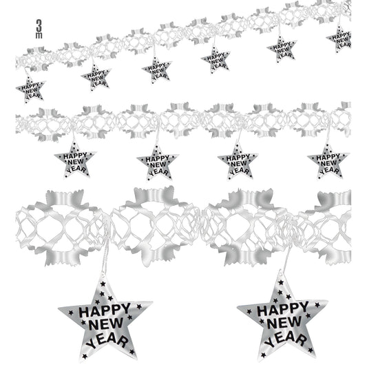 "GIRLANDE HAPPY NEW YEAR SILBER HOLOGRAFISCH" 3 m – Vorderansicht