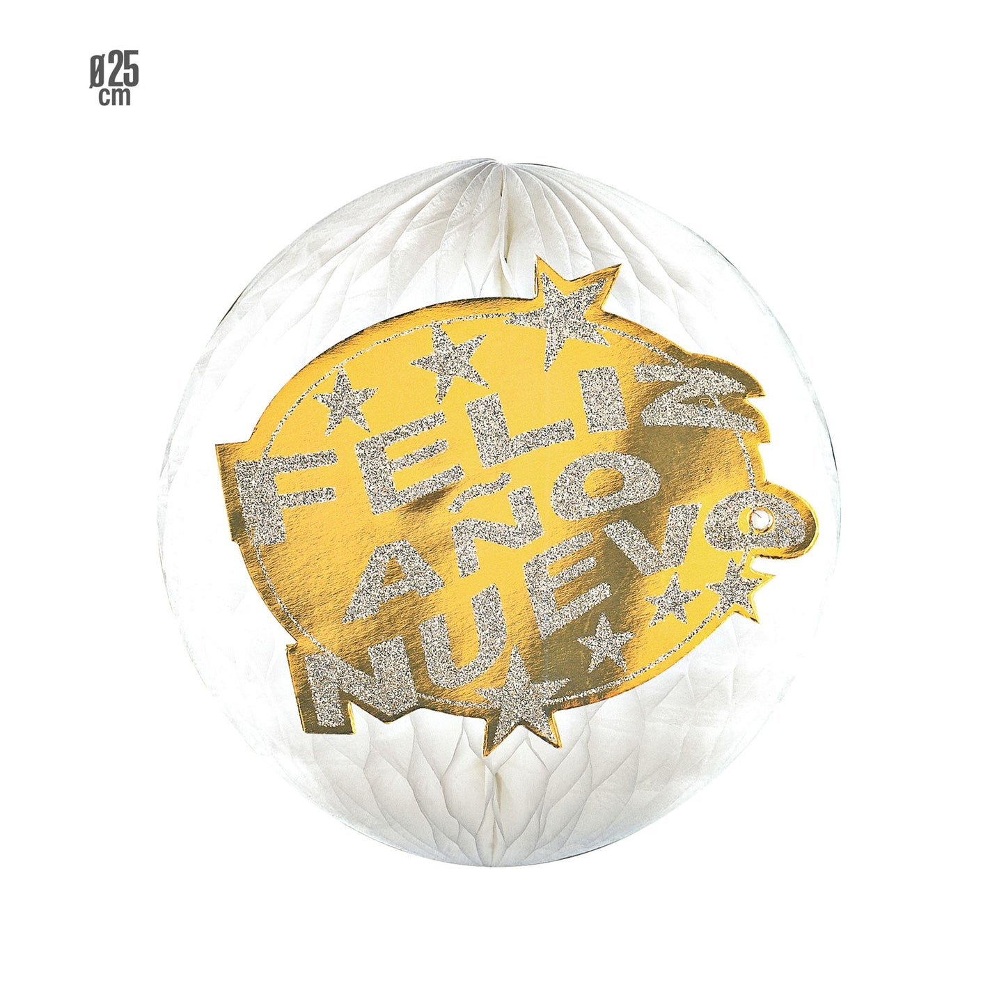 "GLOBUS WABENBALL FELIZ AÑO NUEVO HOLOGRAFISCH " Ø 25cm - gold und silber – Vorderansicht