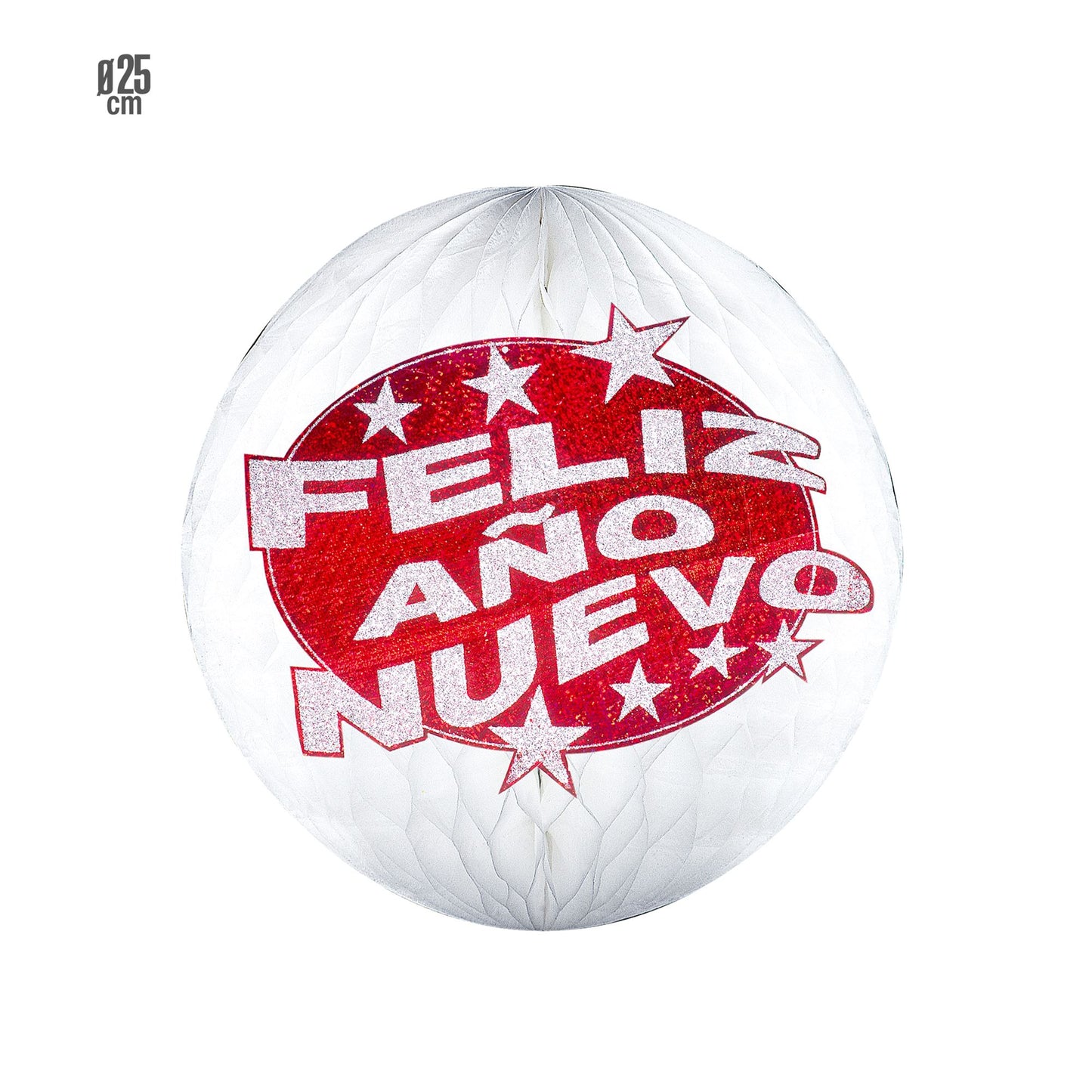 "GLOBUS WABENBALL FELIZ AÑO NUEVO HOLOGRAFISCH MIT ROTEM " Ø 25cm – Vorderansicht