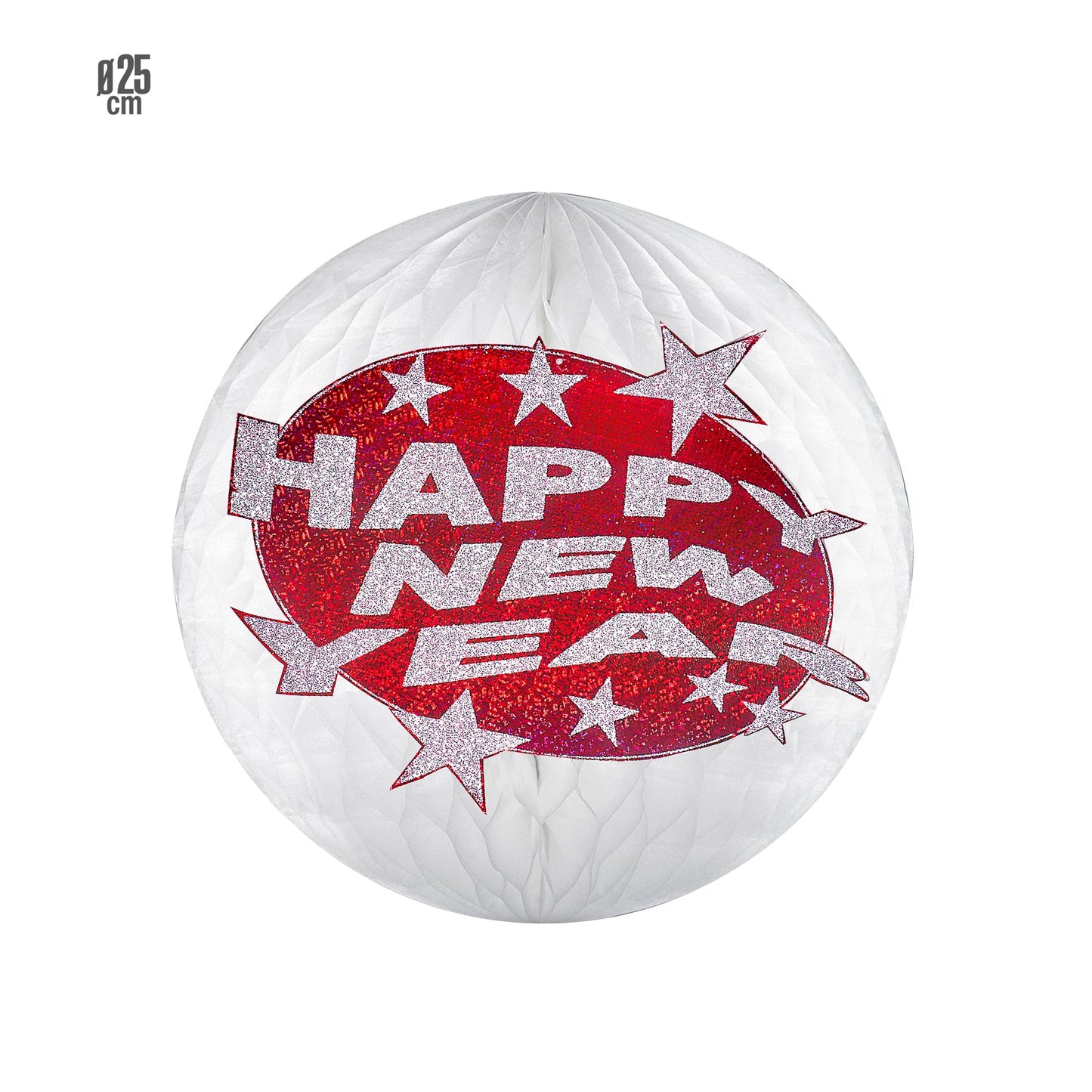 "GLOBUS WABENBALL HAPPY NEW YEAR HOLOGRAFISCH MIT ROTEM " Ø 25 cm – Vorderansicht