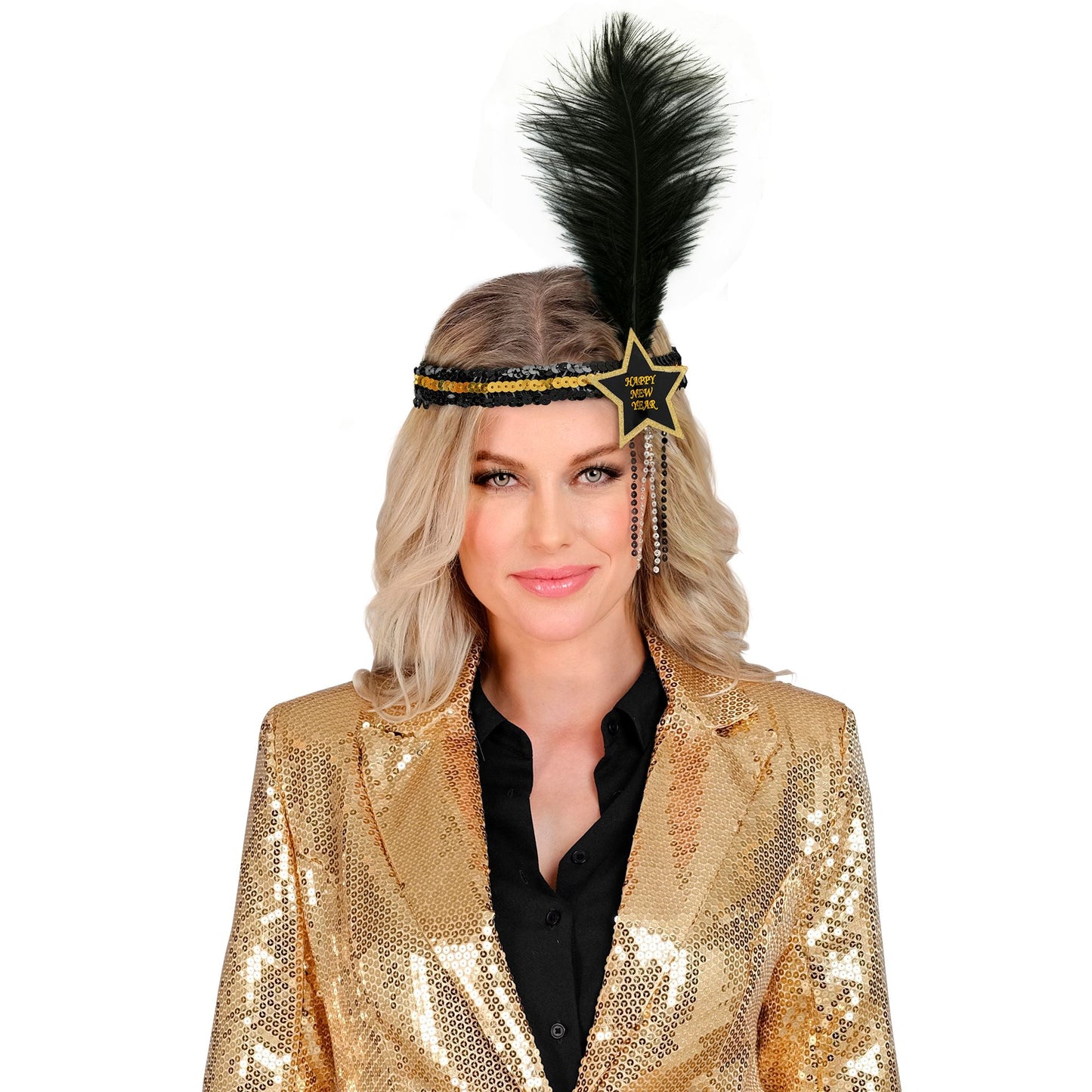 "GOLD-SCHWARZES HAARBAND MIT STERN HAPPY NEW YEAR AUS SEQUIN UND MIT FEDER" – Ansicht 4