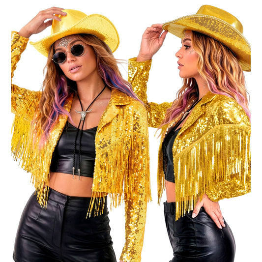 "GOLDENE PAILLETTENJACKE MIT FRANSEN" – Vorderansicht