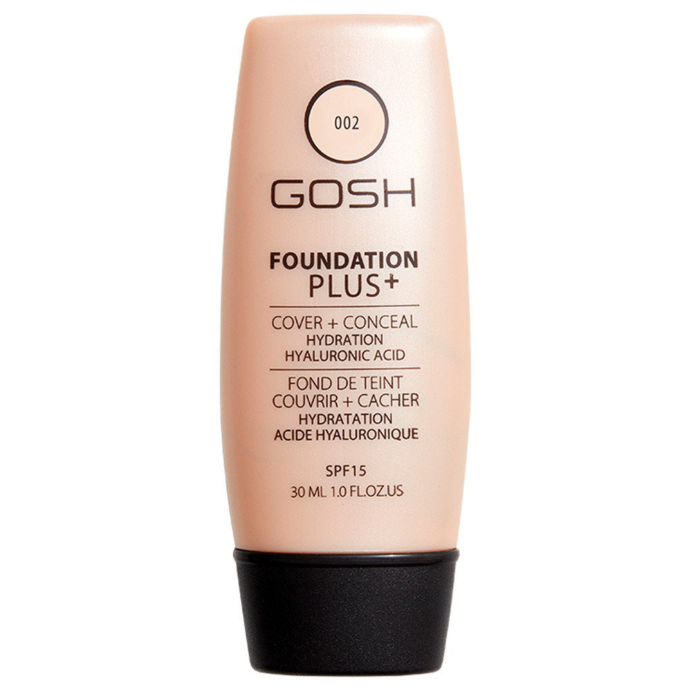 Gosh, Foundation Plus+, Hydrating, Brightening & Covering, Flüssige Grundierung, 002, Elfenbein, SPF 15, 30 ml