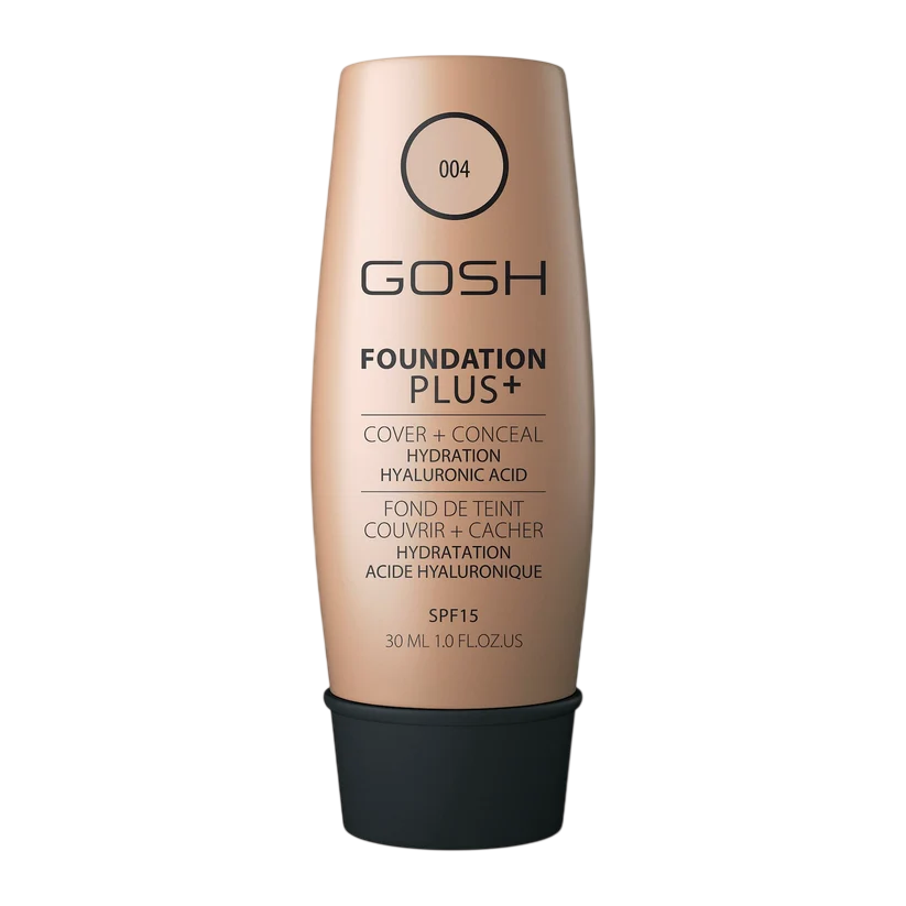 Gosh, Foundation Plus+, Flüssige Grundierung & Concealer 2-in-1, 004, Natürlich, SPF 15, 30 ml