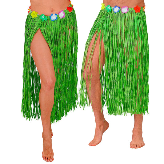 "GRÜNER HAWAII BASTROCK MIT BLUMENGÜRTEL" 80 cm - größenverstellbar – Vorderansicht