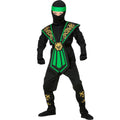 "GRÜNER KOMBAT NINJA" (Overall, Brustrüstung, Gürtel, Arm- und Beinschnüre, Maske, Stirnband) – Vorderansicht