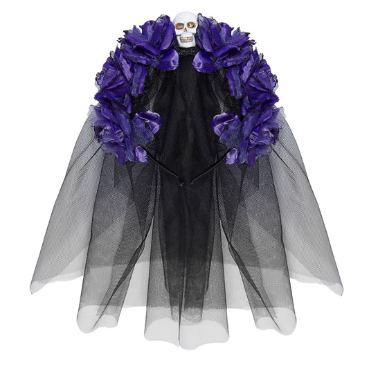 "HAARREIF MIT 6 VIOLETTEN ROSEN, TOTENKOPF UND SCHLEIER" – Vorderansicht
