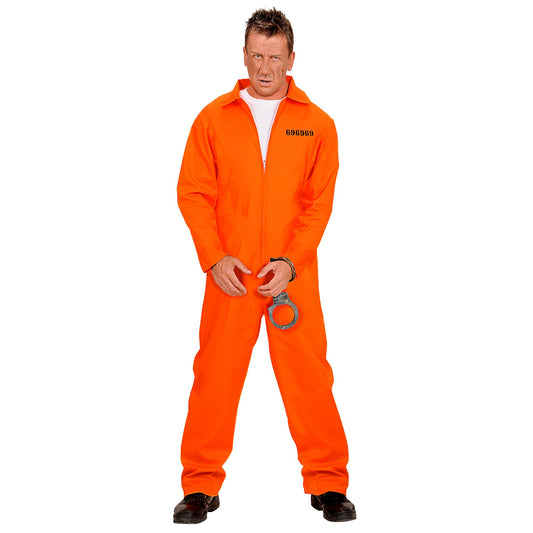 Widmann Sträfling Herrenkostüm Orange Schwarz Jumpsuit mit Handschellen – Produktansicht