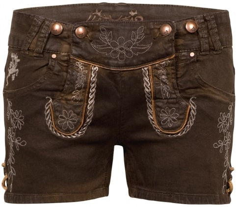 Hangowear Damen Trachten Jeans Shorts – Dunkelbraun, Bestickte Details - Fasnacht24.ch