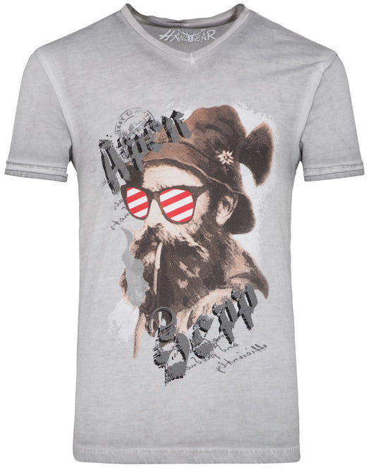 Hangowear Herren Alpen Sepp Trachtenshirt Grau Oil-Washed V-Neck – Produktansicht