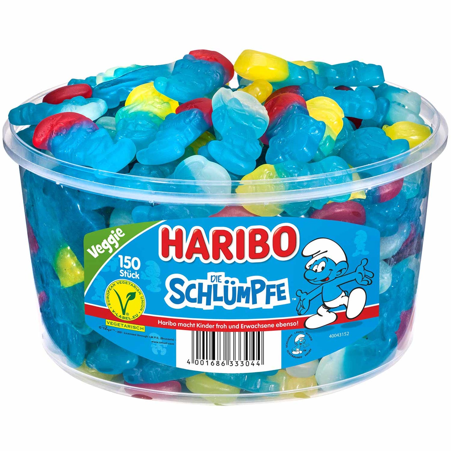 Haribo Die Schlümpfe vegetarisch 150er Dose mit Fruchtgummi Schlumpf Figuren
