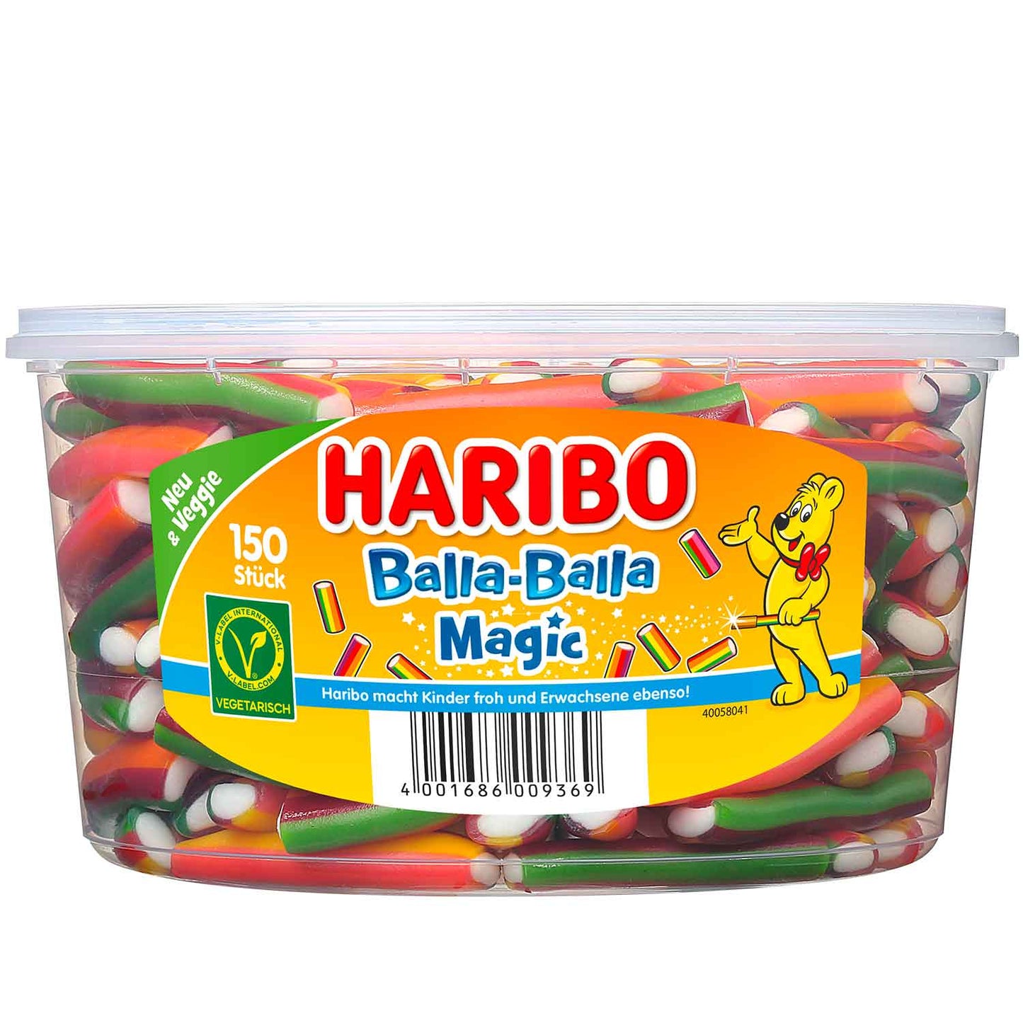 Bunte Fruchtgummis mit Konfektfüllung in einer 150g Packung von Haribo.