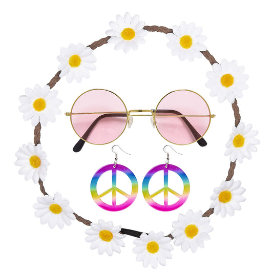 "HIPPIE" (Blumenhaarband, Ohrringe, Brille) – Vorderansicht