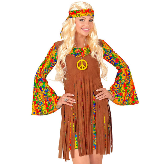 "HIPPIE GIRL" (Kleid mit Weste, Stirnband, Kette mit Peace-Zeichen) – Vorderansicht