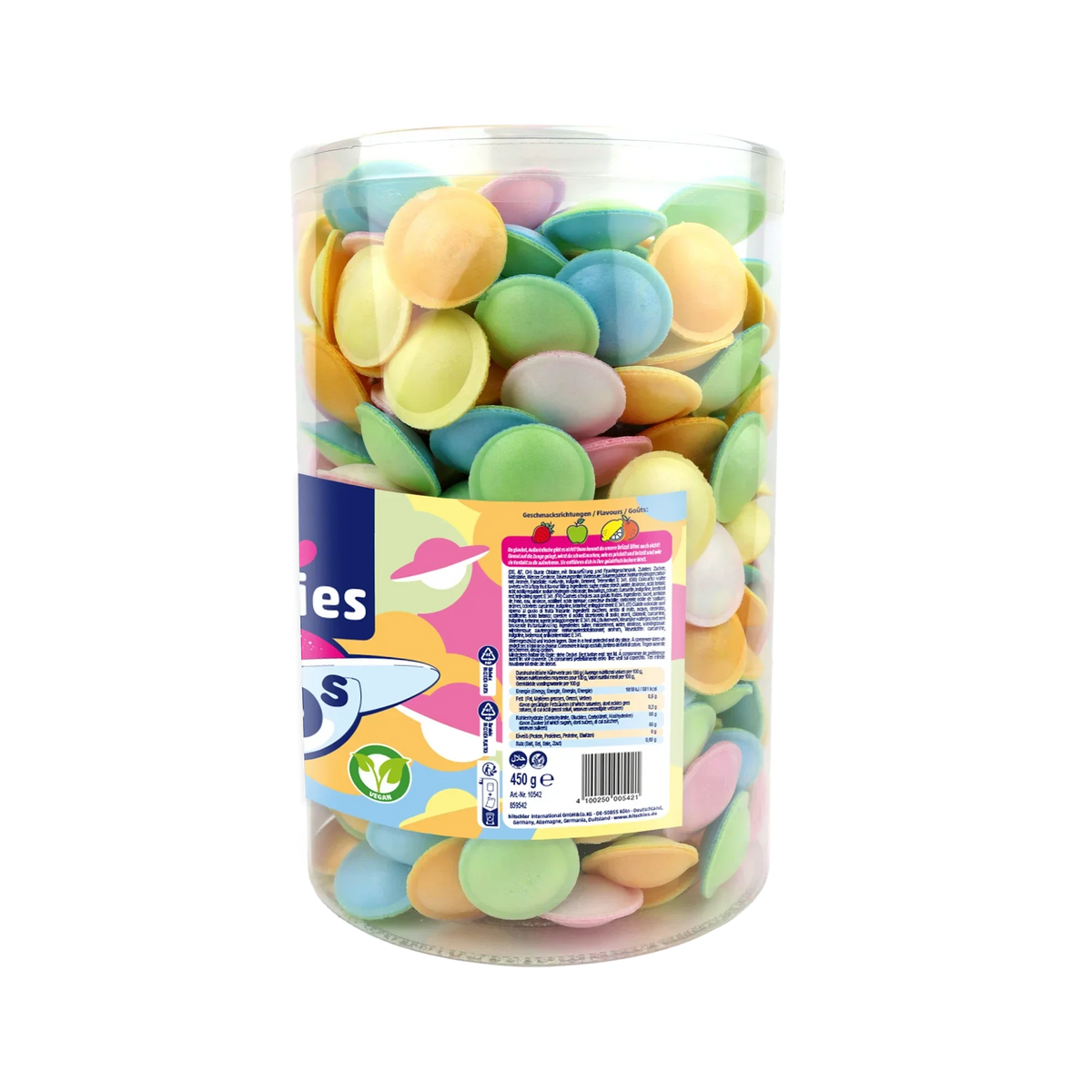 Hitschies Ufo's Dose 450 g Kaubonbons mit Brausefüllung Orange Vegan