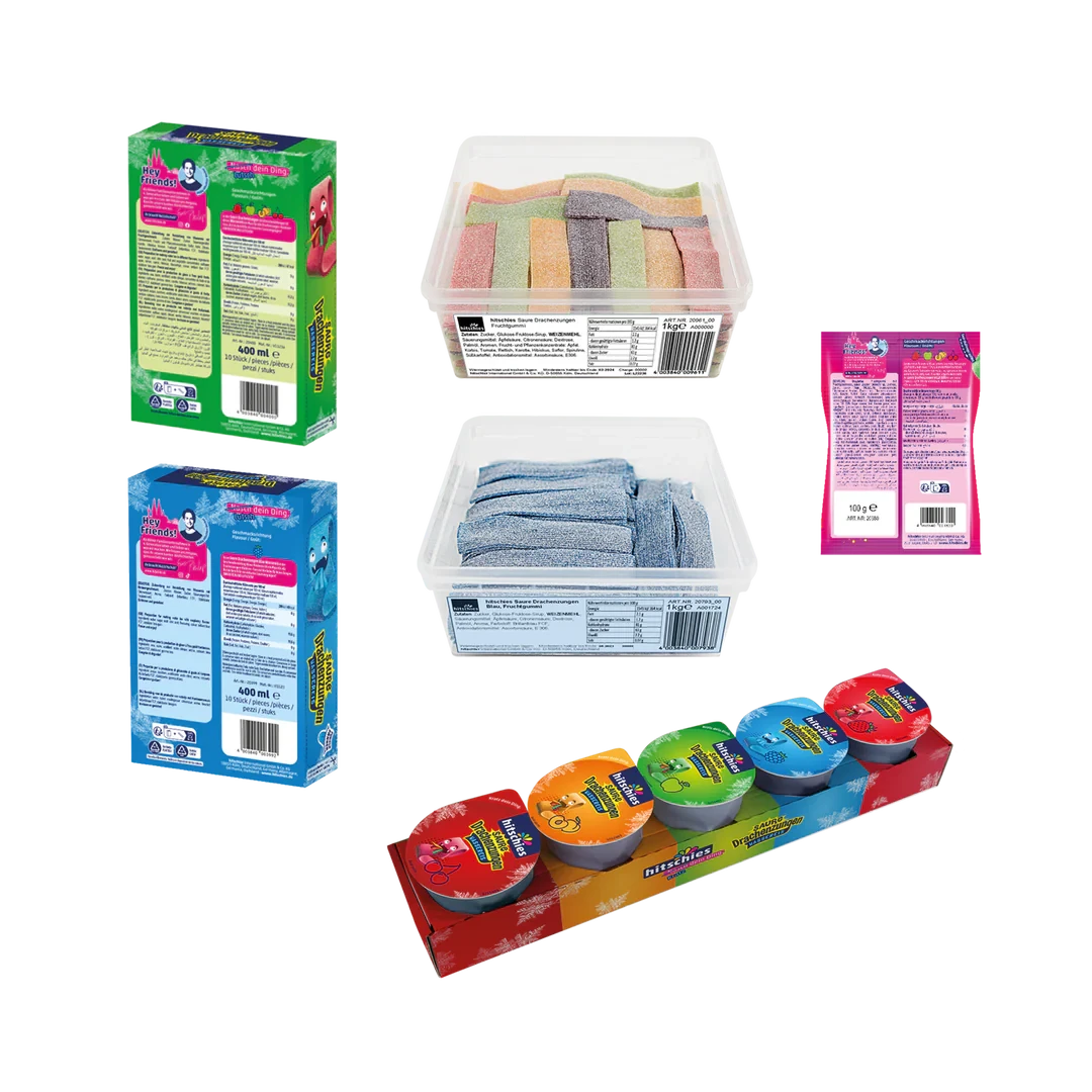 Buntes Bündel mit sauren Drachenzungen in verschiedenen Farben und Sorten von Hitschies.