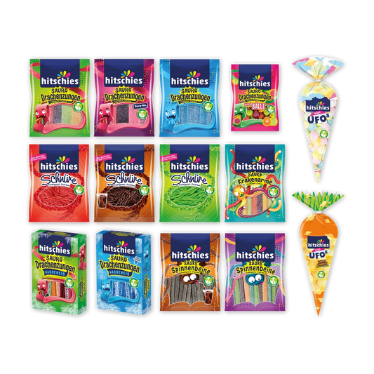 Buntes veganes Bündel mit Fruchtgummi in verschiedenen Farben und Wassereis in Beuteln