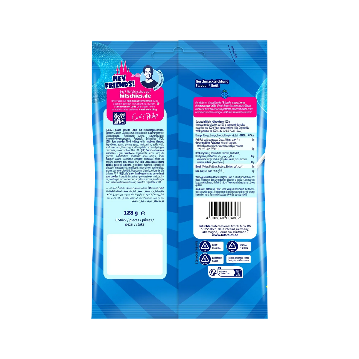 Hitschies Saure Drachenzungen Lollis Blau 128 g mit Brausekern – Detailansicht