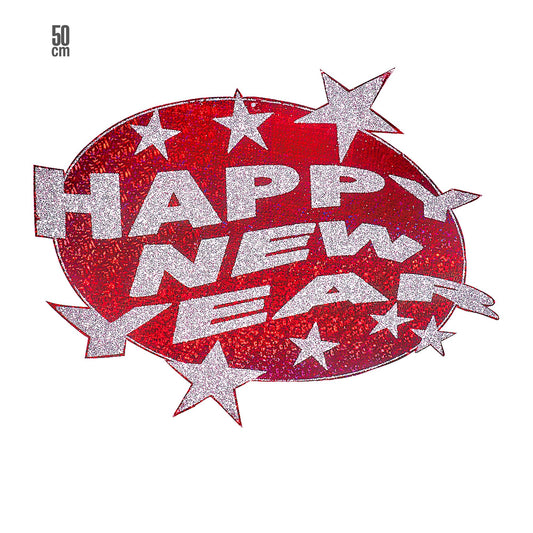 "HOLOGRAFISCHE WANDDEKO HAPPY NEW YEAR ROT" Ø 50 cm – Vorderansicht