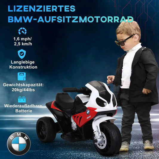 HOMCOM BMW S1000 RR Kinder-Elektromotorrad in Rot mit Lichtern und Geräuschen.