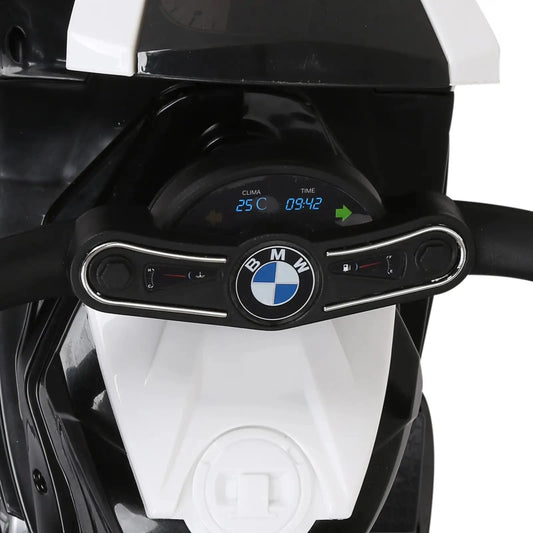 Weißes Kinder Elektro Motorrad BMW S1000 RR mit drei Rädern, Licht und Soundfunktion