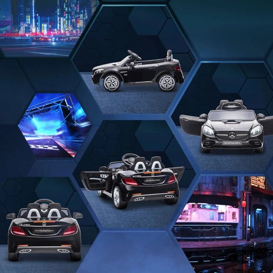 Schwarzes Mercedes SLC 300 Cabrio Elektroauto für Kinder mit LED-Scheinwerfern und Sicherheitsgurt.