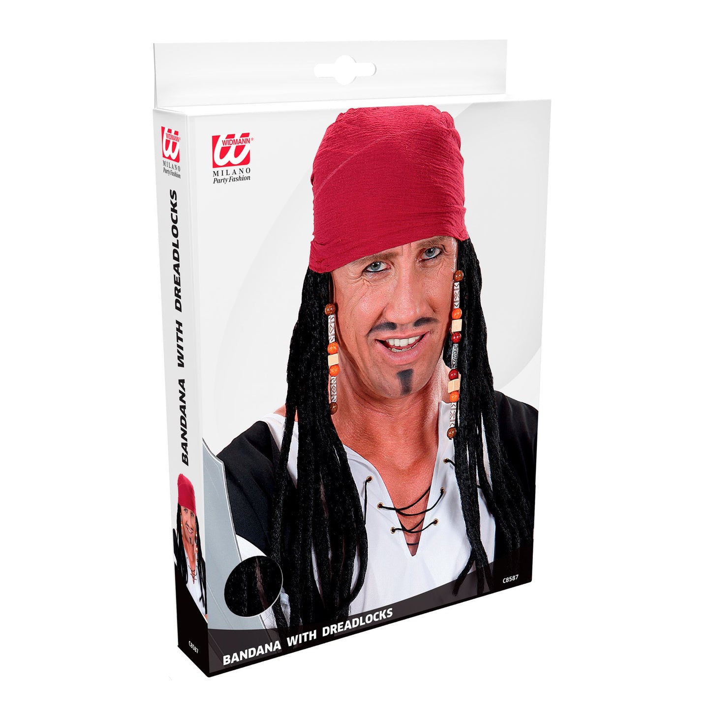 "KARIBISCHE PIRATENBANDANA MIT DREADLOCKS" in Box – Detailansicht