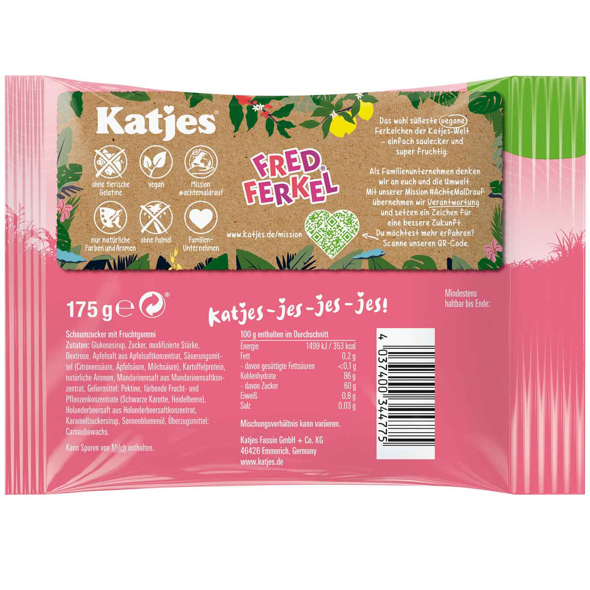Katjes Fred Ferkel Fruchtgummi-Schweinchen 175 g Packung – Seitenansicht