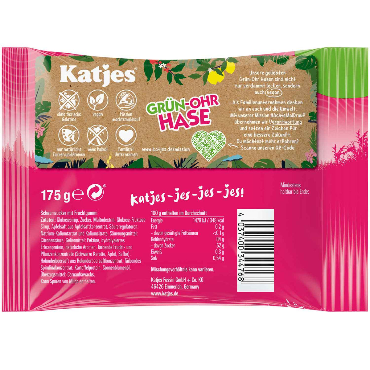 Katjes Grün-Ohr Hase Fruchtgummi mit Erdbeer- und Cassisgeschmack 175 g MHD:07/2026