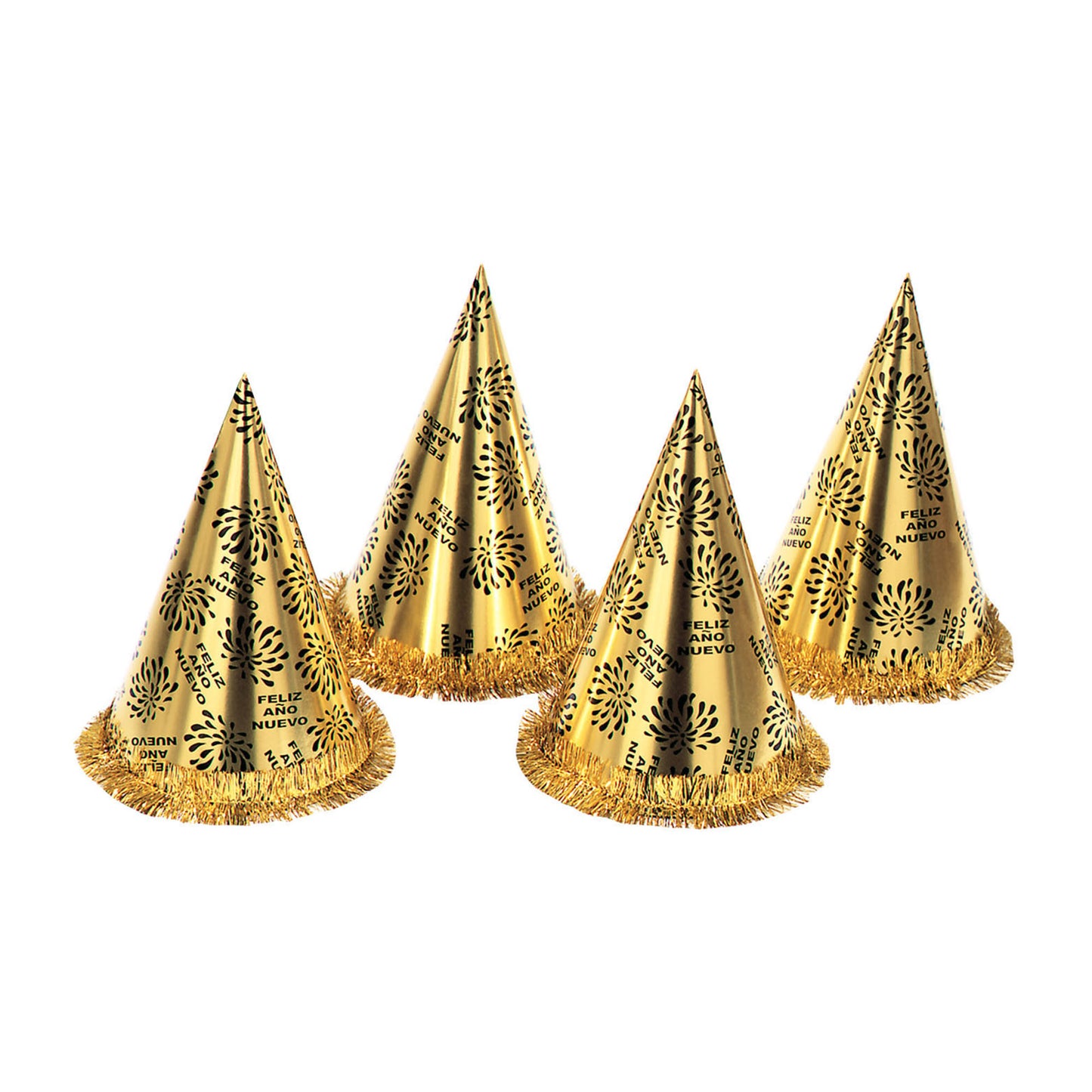 "KEGELHUT FELIZ AÑO NUEVO GOLD MIT FRANSEN" 28 cm – Detailansicht