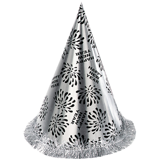 "KEGELHUT HAPPY NEW YEAR SILBER MIT FRANSEN" 28 cm – Vorderansicht