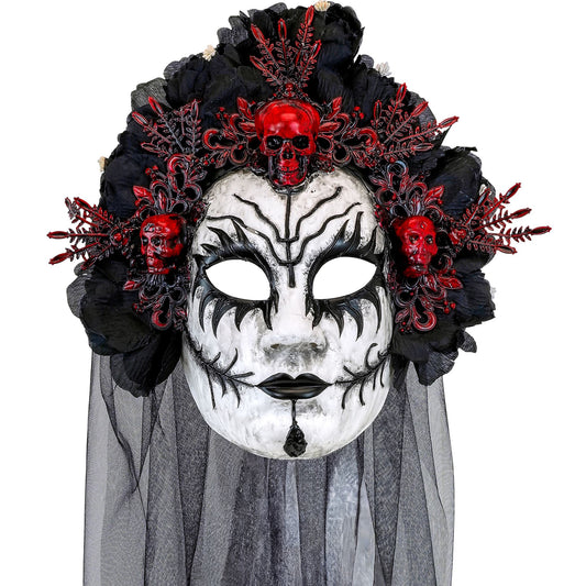 "KÖNIGIN DER TOTEN MASKE MIT SCHWARZEN ROSEN & SCHLEIER" – Vorderansicht